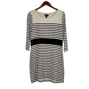 Ronen Chen Striped Dress Tunic Moma Black Tan Dressy Knit Sweater Womens SZ 10